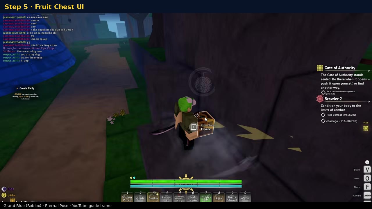 Player facing a Fruit Chest with [E] Fruit Chest Open prompt in Grand Blue