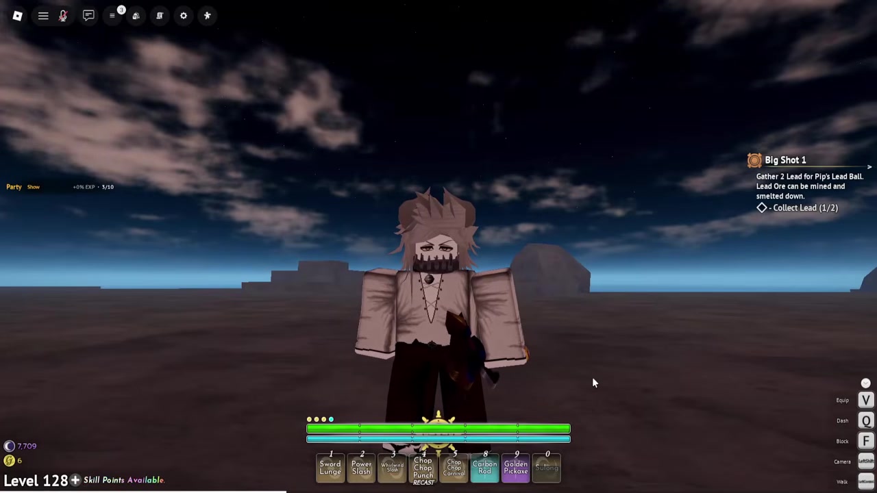 Hotbar showing Sword Lunge, Power Slash, and Whirlwind Slash — the shared shop-sword skill trio
