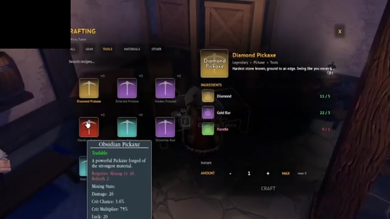 Crafting Table Tools tab pickaxe ladder in Grand Blue